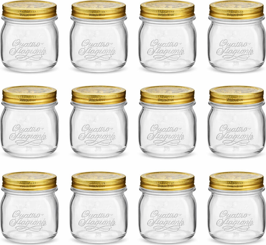 Bormioli Rocco Quattro Stagioni Glass Storage Jars with Aluminum Lids, 250 ml, Transparent, Set of 12 Pieces, Made in Italy