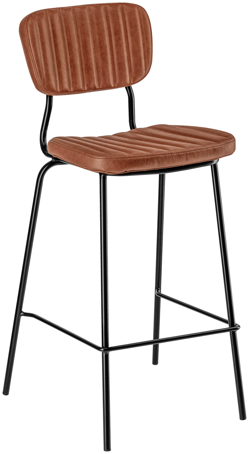 VEGA LUSINI Solutions GmbH Bar stool Tolo Barstuhl Tolo Bar stool Tolo; 53x53x112 cm (WxDxH); seat cognac, base black; 2 piece / pack Barstuhl Tolo; 53x53x112 cm (BxTxH); Sitz cognac, Gestell schwarz; 2 Stück / Pack Bar chair made of imitation leather cover and black powder-coated steel frame. Seat and backrest in imitation leather with quilted seams. High seating comfort. Supplied with plastic glides. Only suitable for indoor use. Please orer matching chair at the same time. Barstuhl aus Kunstlederbezug und schwarz, pulverbeschichtetem Stahlgestell. Sitz- und Rückenlehne aus Kunstleder mit Steppnähten. Hoher Sitzkomfort. Lieferung inklusive Kunststoffgleitern. Nur für den Innenbereich geeignet. Passenden Stuhl gleich mitbestellen.