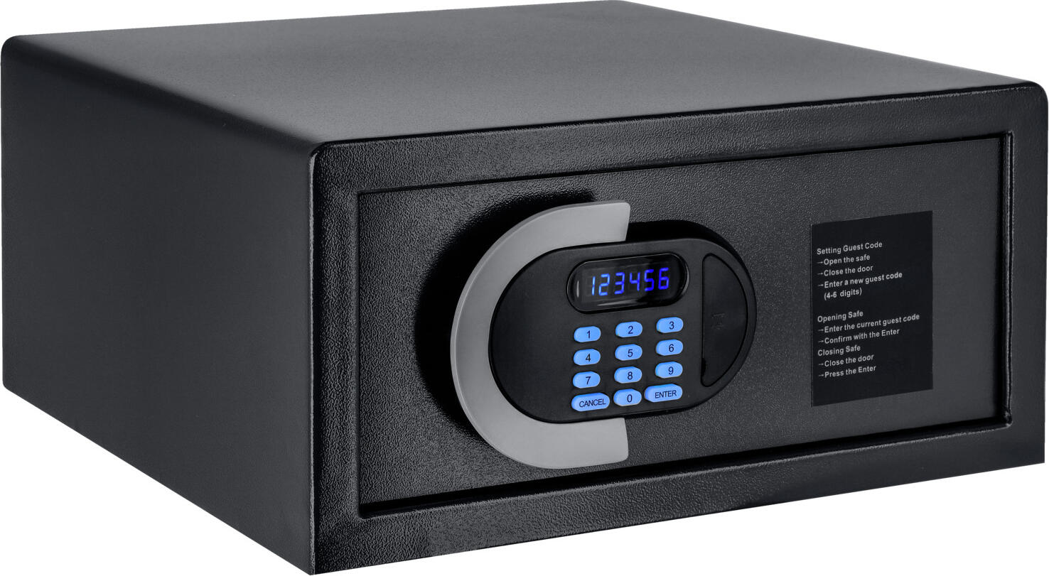 PULSIVA LUSINI Solutions GmbH Room safe Securo Large Zimmersafe Securo Large Room safe Securo Large; 26.5 l, 44.5x20.2x39.3 cm (WxHxD); black Zimmersafe Securo Large; 26.5 l, 44.5x20.2x39.3 cm (BxHxT); schwarz Practical, robust room safe made of hardened steel. Trouble-free operation and easy to use. The large display with LED makes it easy for guests to read the code and avoid incorrect entries. Two emergency keys and the master code are included in case of an emergency. The hotel room safe has bore holes on the base and rear panel and can be installed using the enclosed mounting accessories to secure the safe against theft. Battery powered (4x 6 V AA). Batteries not included. Funktionaler, robuster Zimmersafe aus gehärtetem Stahl. Störungsfreier Betrieb und einfache Bedienbarkeit. Auf dem großen Display mit LED kann der Gast seinen Geheimcode gut lesen und vermeidet Falscheingaben. Für Notfälle liegen zwei Notöffnungsschlüssel sowie der Mastercode bei. Der Hotelzimmersafe verfügt über Bohrlöcher am Boden und der Rückwand und kann mit dem beiliegenden Befestigungsmaterial diebstahlsicher montiert werden. Batteriebetrieben (4 x AA-6-V). Batterien im Lieferumfang nicht enthalten.