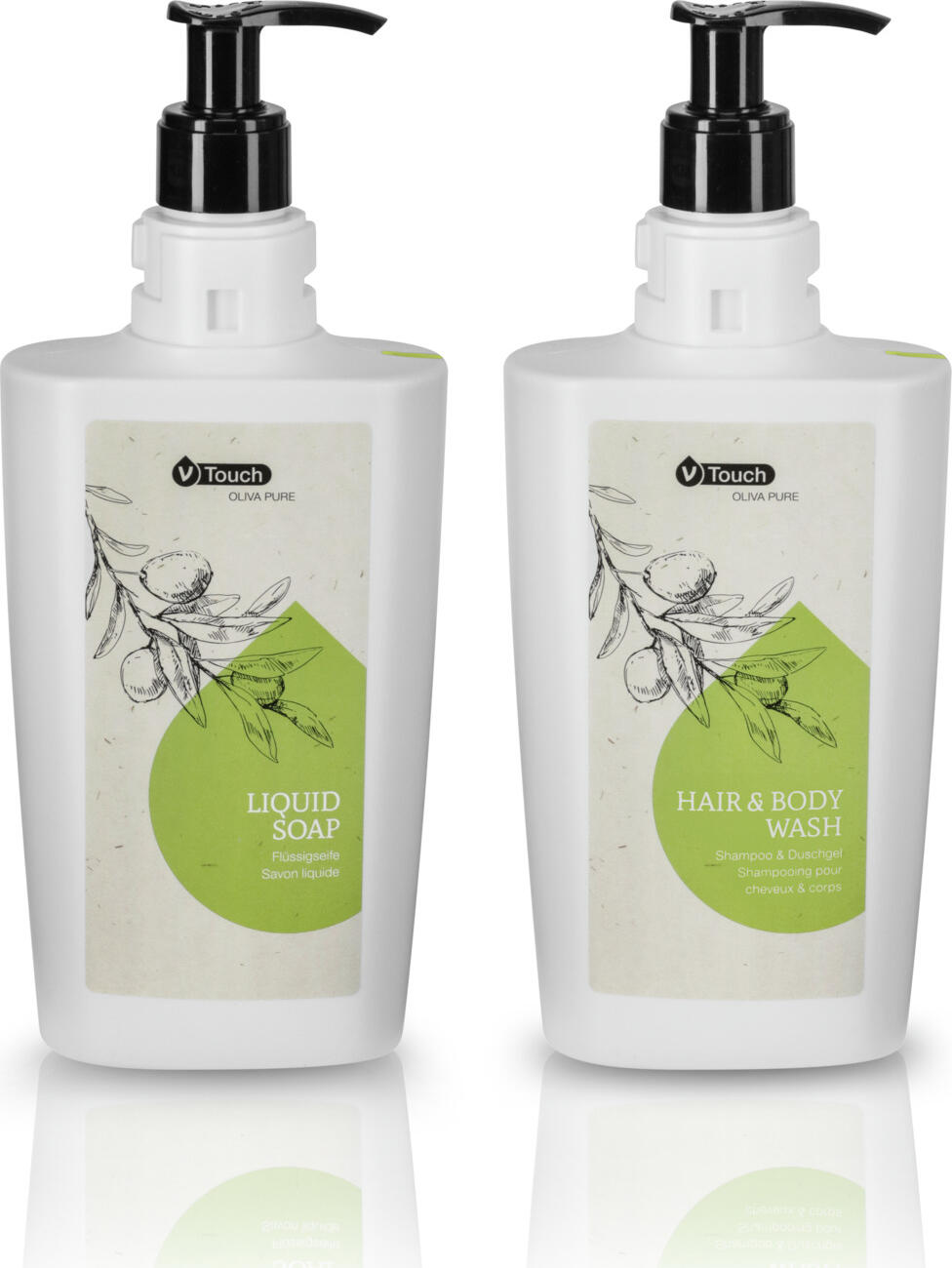 Set de 2 piese V-Touch Oliva Pure Cosmetice Hotel, Dispenser cu Pompa pentru Gel de Dus/Sampon si Sapun Lichid, pH Neutru, Prietenos cu Pielea
