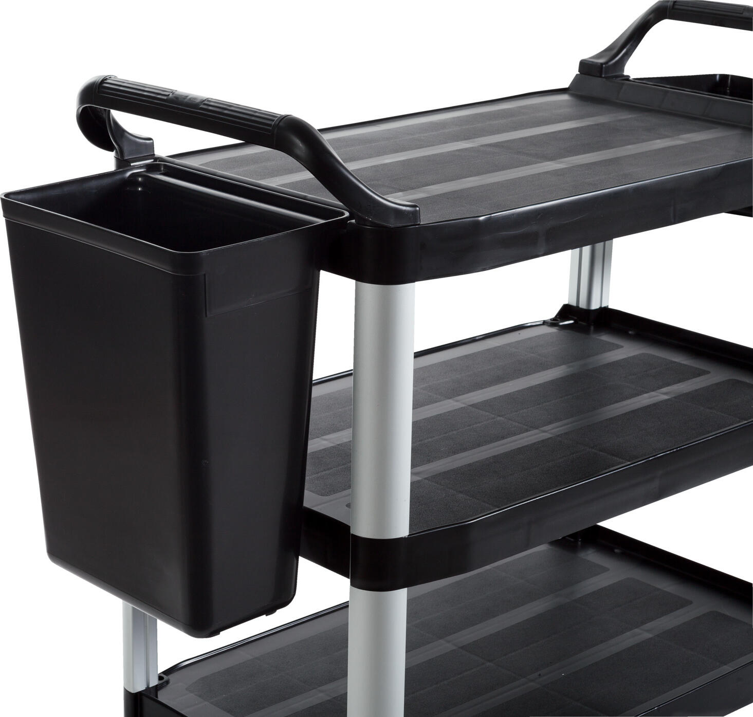 Carucioara de servire PULSIVA Senior, 3 rafturi, cadru din aluminiu, 104.5x51x96 cm, gri/negru, sarcina max 120kg, cu recipiente pentru tacuri si reziduuri