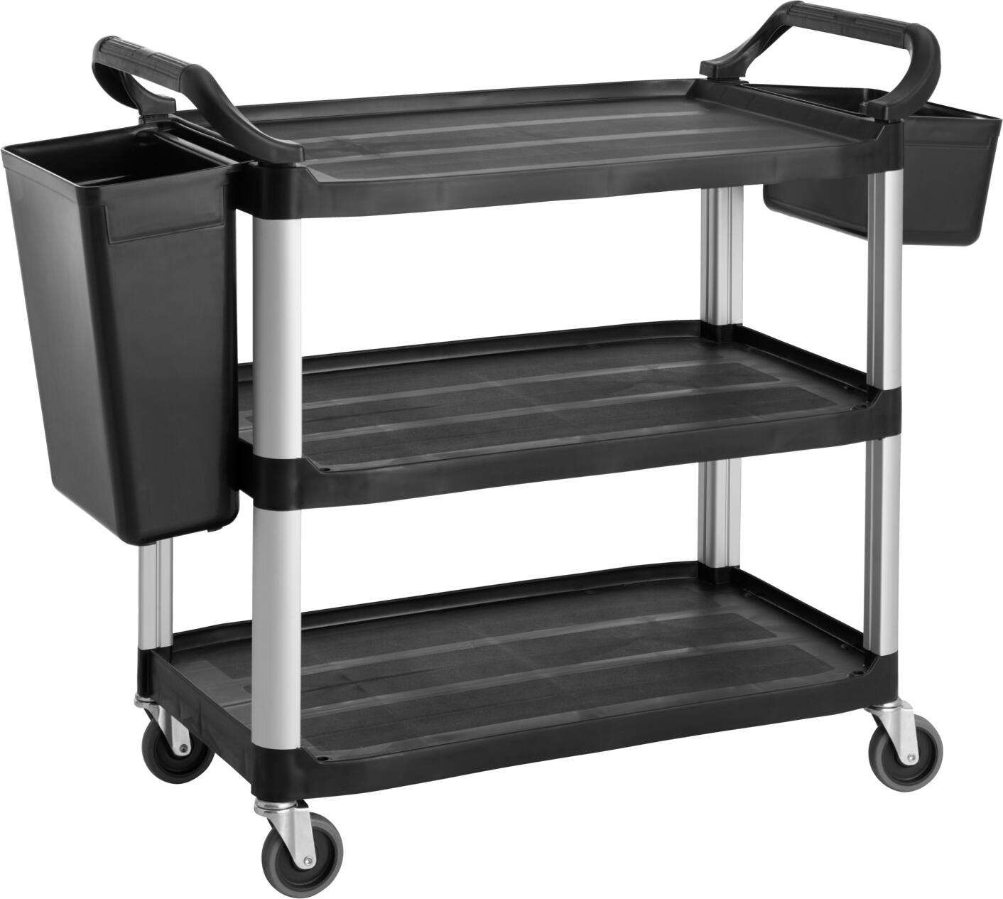 PULSIVA LUSINI Solutions GmbH Serving trolley Senior Servierwagen Senior Serving trolley Senior; 104.5x51x96 cm (WxDxH); grey/black Servierwagen Senior; 104.5x51x96 cm (BxTxH); grau/schwarz Extremely sturdy trolley with three plates, four directional castors, two of them with brake. Frame in anodized aluminum tubes with plates in reinforced polypropylene. Cutlery and waste container (all-purpose bucket) made of polypropylene included. Dimensions cutlery container: 33.5x23.1x18 cm. Dimensions waste container (all-purpose bucket): 33.5x23.1x44.5 cm. Distance between shelves: 30 cm. Max. load per shelf: 40 kg. Max. load: 120 kg. Outer dimension of shelf: 87x51 cm. Collection bins (SKU 30000895) and (SKU 30000896) are sold separately. Supplied in separate parts, use a rubber mallet for assembly. Äußerst stabiler Servierwagen mit drei Borden aus verstärktem Polypropylen und Gestell aus eloxierten Aluminiumrohren. Vier Richtungsrollen, zwei davon mit Bremse.  Max. Traglast pro Bord 40 kg.  Lieferung inkl. 3 Borde, Besteckbehälter (33,5x23,1x18 cm) und Abfallbehälter (33,5x23,1x44,5 cm). Abstand zwischen den Borden 30 cm. Sammelbehälter (30000895) und (30000896) sind auch separat erhältlich. Lieferung in Einzelteilen, zur Montage einen Gummihammer verwenden.