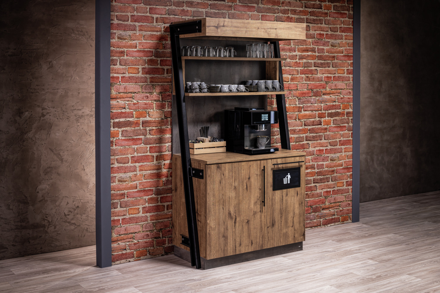 Statie de servire VEGA Baristo Industrial, lemn antique oak si otel, 118x61x216 cm, sistem de colectare reziduuri integrat, rafturi reglabile