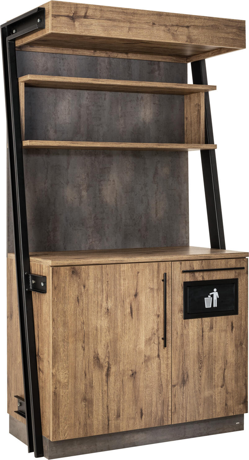 VEGA LUSINI Solutions GmbH Serving station Baristo Industrial with waste system Servicestation Baristo Industrial, mit Abfallsystem Serving station Baristo Industrial with waste system; 118x61x216 cm (WxDxH); antique oak Servicestation Baristo Industrial, mit Abfallsystem; 118x61x216 cm (BxTxH); eiche antik The Baristo Industrial service station is the perfect piece of furniture for restaurants, cafés, bakeries or business areas, whether as a self-service coffee station or service point in everyday catering. The sturdy storage surface provides space for professional coffee machines, cash register systems or menus and everything that needs to be within easy reach. Maximum load of the work surface 80 kg. The Industrial system consists of wood-based panels and steel beams. * 2 different colour versions available * Hinged door with high-quality hinges and two height-adjustable shelves (max. load 25 kg per shelf) * Includes built-in waste disposal flap and integrated waste system * 20 litre waste bin capacity * Includes shelving system, framed by two steel side panels * Shelving system can be used at different heights * Distance between shelving system 30 cm * Floor levelling feet * Back with decorative coating for free-standing placement in the room * Delivered partially assembled, base element already assembled * Assembly material included with the additional elements * Suitable for indoor use only Die Service-Station Baristo Industrial ist das perfekte Mobiliar für Restaurant, Café, Bäckerei oder Businessbereich, ob als Self-Service Kaffeestation oder Servicepoint im Gastroalltag. Auf der robusten Ablagefläche finden Profi-Kaffeemaschinen, Kassensysteme oder Speisekarten Platz und alles, was schnell griffbereit sein soll. Maximale Belastung der Arbeitsfläche 80 kg. Das System Industrial besteht aus Holzwerkstoffplatten und Stahlträgern. * 2 unterschiedliche Farbausführungen verfügbar * Drehtüre mit hochwertigen Topfbändern und zwei höhenverstellbare Fachböden (max. Belastung 25 kg pro Boden) * inklusive eingebaute Abfall-Abwurfklappe und integriertes Müllsystem * Fassungsvermögen Abfalleimer 20L * inklusive Regalsystem, eingerahmt von zwei Stahlwangen * Regalsystem in unterschiedlichen Höhen einsetzbar * Abstand Regalssytem 30 cm * bodenausgleichen Stellfüße * Rückseite mit dekorativen Beschichtung zum freien Stellen im Raum * wird teilmontiert geliefert, Basiselement bereits montiert * Montagematerial bei den Zusatzelementen enthalten * nur für den Innenbereich geeignet