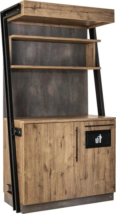 Statie de servire VEGA Baristo Industrial, lemn antique oak si otel, 118x61x216 cm, sistem de colectare reziduuri integrat, rafturi reglabile