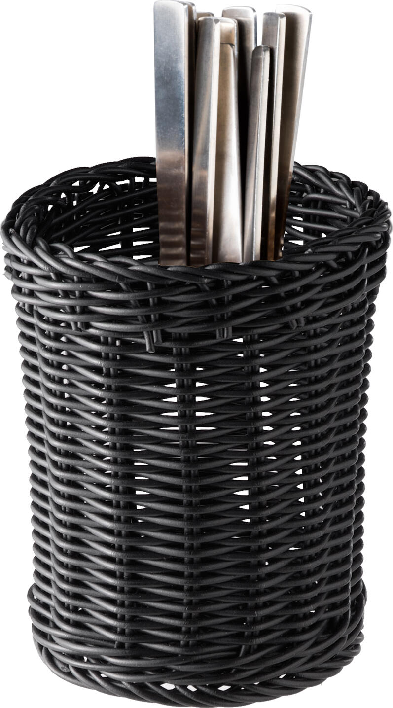 Cos pentru tacuturi APS Economic Round, Negru, recipient din polipropilena impletit manual, rezistent la spargere si lavabil in masina de spalat vase, 12x15 cm