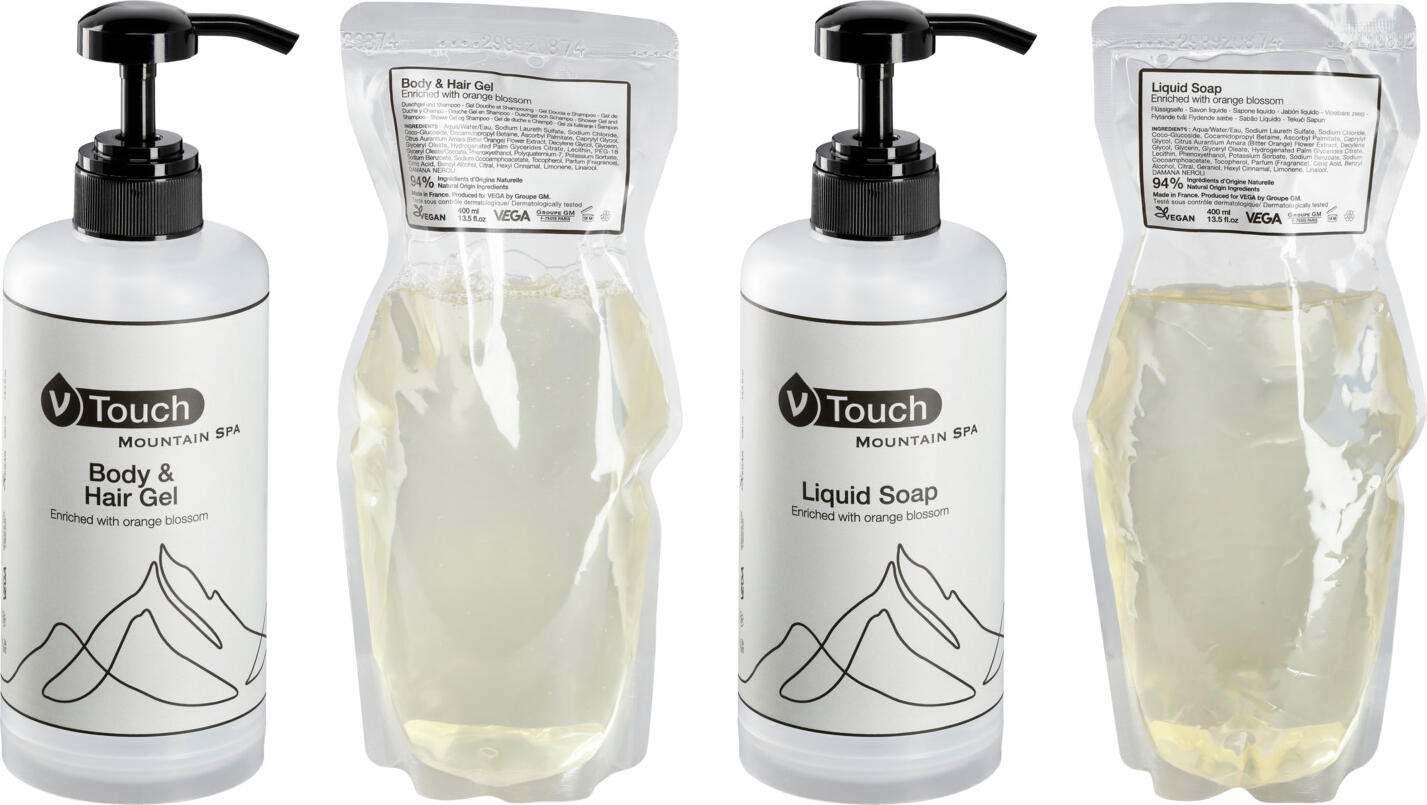 Set de mostre V-Touch Mountain Spa de 4 piese, Gel pentru corp si par si Sapun lichid cu reumplere, Aroma de flori de portocal, Vegan, pH-neutru, 400ml