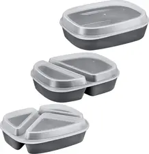 circ Nette Mehrweg Sample set Reusable menu box undivided, 2-compartment, 3-com Muster-Set Mehrweg-Menübox ungeteilt, 2-, 3-geteilt Sample set Reusable menu box undivided, 2-compartment, 3-compartment; grey; oval Muster-Set Mehrweg-Menübox ungeteilt, 2-, 3-geteilt; grau; oval Use our sample service and order the 3-piece takeaway sample set. The sample set contains 1x undivided reusable menu box, 1x 2-compartment menu box and 1x 3-compartment menu box, including lids. Sample items require a deposit but this will be refunded if the samples are not what you are looking for. Please get in touch with our customer service team for more details. Possible order quantity: One sample set. Nutzen Sie unseren Musterservice und bestellen Sie das 3-teilige Muster-Set aus dem Take-away Bereich! Das Muster-Set enthält je eine Mehrweg-Menübox ungeteilt, 2- und 3-geteilt inkl. Deckel. Musterartikel sind mit einer Schutzgebühr bepreist, bei Nicht-Gefallen erstatten wir Ihnen die Schutzgebühr natürlich zurück. Bitte nehmen Sie hierzu Kontakt zu unserem Kundenservice auf. Mögliche Bestellmenge ein Muster-Set.