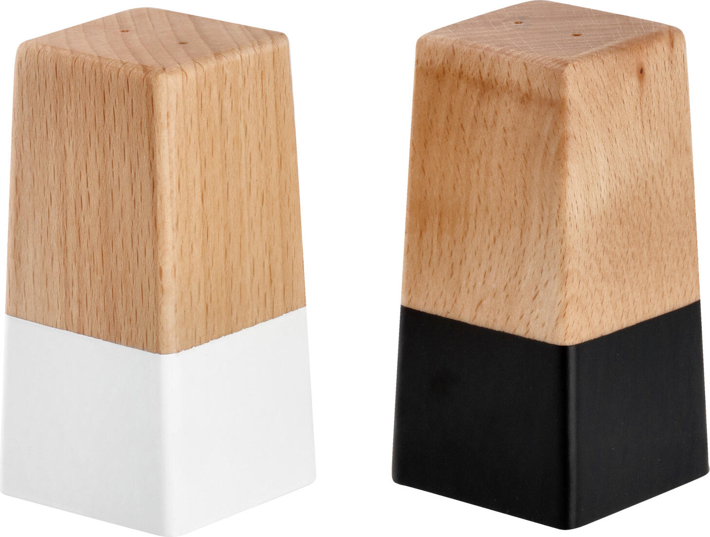 VEGA Kayu Angular Salt and Pepper Shaker Set, Beech Wood, 2 Pieces, 4.5 x 9 x 4.5 cm, White and Black Bases