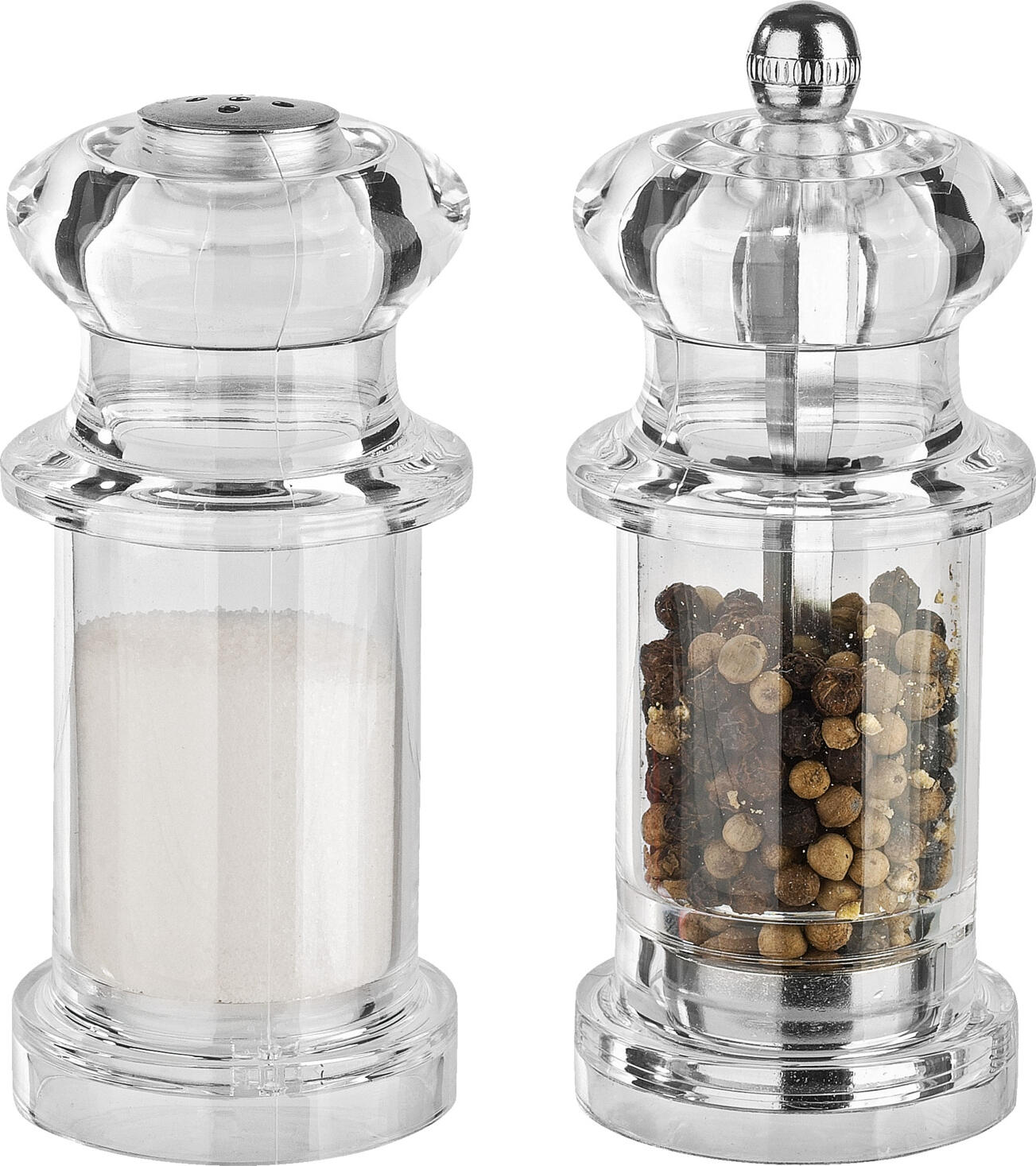 Vega Lio Salt Shaker and Pepper Mill Set of 2, Acrylic Glass, Carbon Steel Grinder, Transparent, 4.2x10 cm