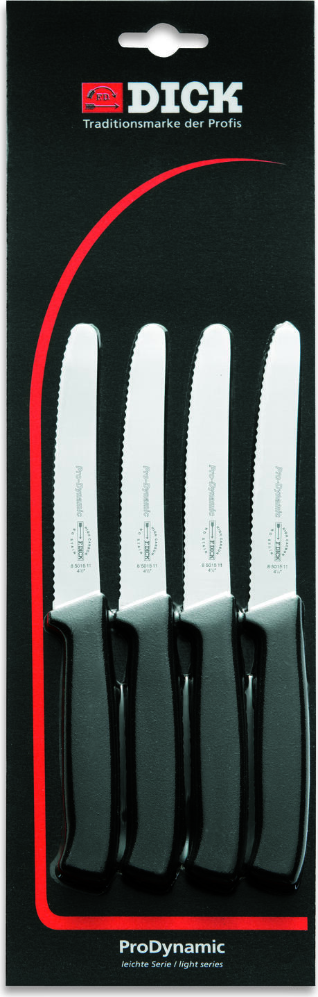 F. Dick Friedr.Dick GmbH & Co. KG All-purpose knife set ProDynamic 4-piece Brötchenmesser-Set ProDynamic 4-teilig All-purpose knife set ProDynamic 4-piece; silver/black Brötchenmesser-Set ProDynamic 4-teilig; silber/schwarz Four practical all-purpose knives in one set. The all-purpose knife with fine micro serration is intended for universal use in the kitchen. The 12 cm long blade stays sharp for a long time and masters a wide variety of small cutting tasks. With the serrated edge with micro serration, you can cut even delicate food into smooth, clean slices. Also intended as a classic vesper knife or as a promotional gift. The ergonomically shaped all-plastic handle and the quality blade distinguish the knives of the ProDynamic series. The non-slip black handle fits perfectly in the hand and is connected to the blade without gaps by a special process. Blade is made of X55CrMo14 steel. The balanced hardness of 56 ° HRC is the ideal compromise for perfect edge retention and easy resharpening. Vier praktische Allzweckmesser in einem Set. Das Allzweckmesser mit feiner Microverzahnung ist für den universellen Einsatz in der Küche gedacht. Die 12 cm lange Klinge bleibt lange scharf und meistert die unterschiedlichsten kleinen Schneidaufgaben. Mit dem Wellenschliff mit Microverzahnung schneiden Sie selbst empfindliches Schnittgut in glatte, saubere Scheiben. Auch als klassisches Vespermesser gedacht oder als Werbegeschenk. Der ergonomisch geformte Vollkunststoffgriff und die Qualitätsklinge zeichnen die Messer der Serie ProDynamic aus. Der rutschfeste, schwarze Griff liegt perfekt in der Hand und ist durch ein spezielles Verfahren spaltenfrei mit der Klinge verbunden. Klinge ist aus X55CrMo14 Stahl. Die ausgewogene Härte von 56° HRC ist der ideale Kompromiss für perfekte Schnitthaltigkeit und leichtes Nachschärfen.