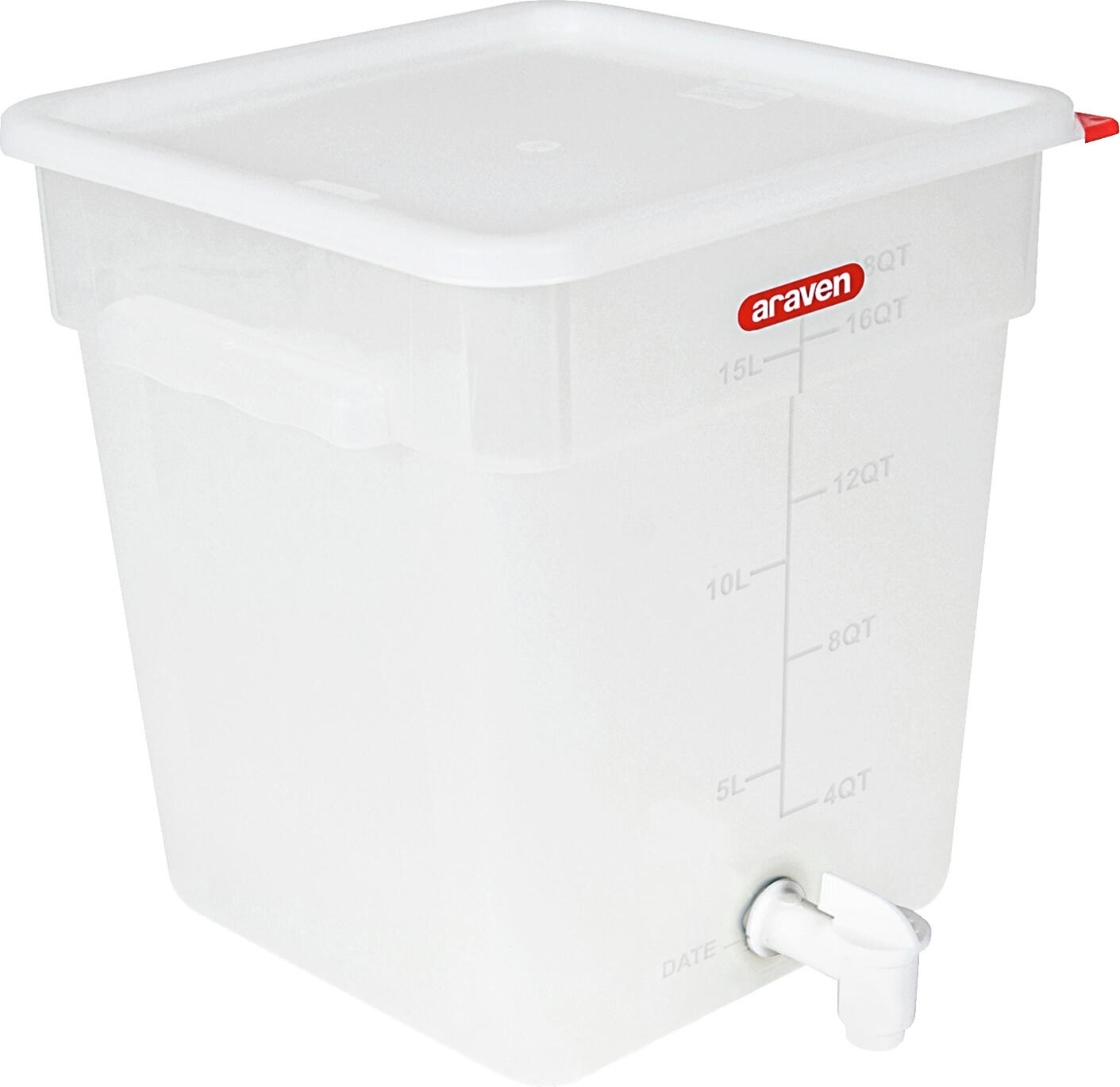 Araven Araven Food Safety innovation Plastic dispenser with drain tap Kunststoffspender mit Ablasshahn Plastic dispenser with drain tap; 28.5x28.5x23 cm (LxWxH); white Kunststoffspender mit Ablasshahn; 28.5x28.5x23 cm (LxBxH); weiß Polypropylene dispenser for liquids, dressings, reduction sauces, broths. Maximum control in dispensing liquids: adjustable tap for flow control. Reduces waste and bacterial growth. Side handles for easy handling and carrying. With measuring scale. Includes red color clip for labeling sauces, processes, allergens.... Spender aus Polypropylen für Flüssigkeiten, Dressings, Reduktionssaucen, Brühen. Maximale Kontrolle bei der Ausgabe von Flüssigkeiten: einstellbarer Hahn zur Durchflusskontrolle. Reduziert Verschwendung und Bakterienwachstum. Seitliche Griffe erleichtern die Handhabung und das Tragen. Mit Mess-Skala. Inklusive rotem Farbclip zur Kennzeichnung von Saucen, Prozessen, Allergenen.