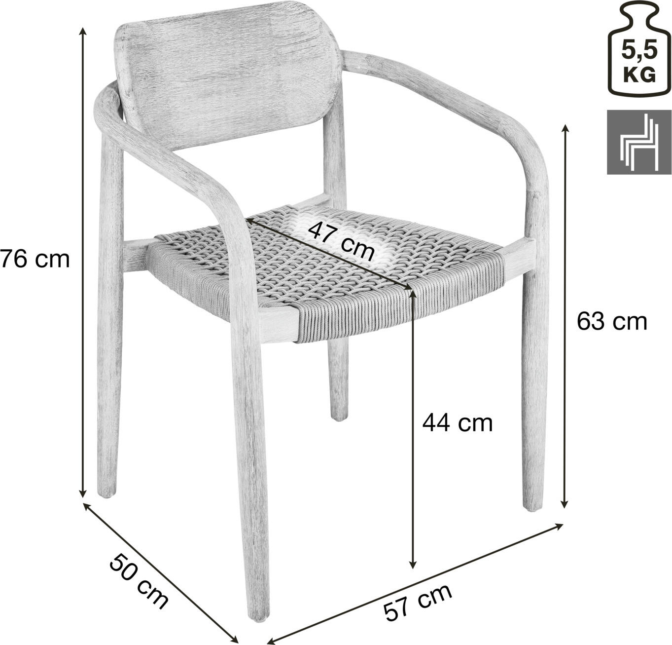VEGA Mando Outdoor Chair Set of 2, Eucalyptus Wood Frame, Beige Rope Wickerwork, UV-Resistant, Stackable, 56.5x50x76 cm