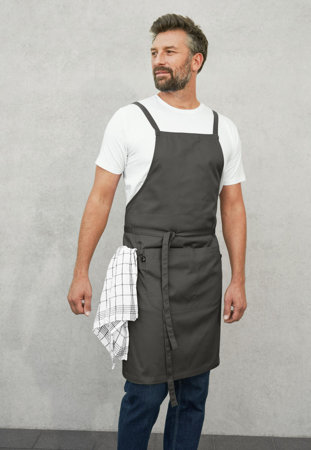 Jobeline Botero Bib Apron, gray-brown, 88x100 cm, 65% Polyester 35% Cotton, 200 g/m², Crossed Back Straps, Tablet Pocket, Pen Tab, Washable at 60°C