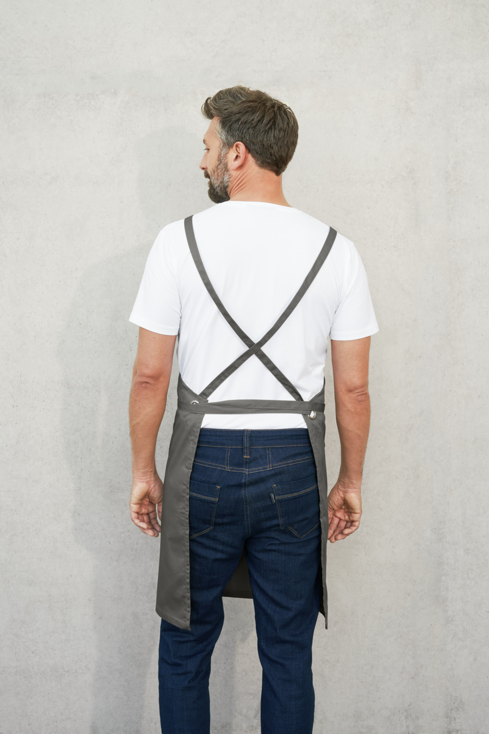 Jobeline Botero Bib Apron, gray-brown, 88x100 cm, 65% Polyester 35% Cotton, 200 g/m², Crossed Back Straps, Tablet Pocket, Pen Tab, Washable at 60°C