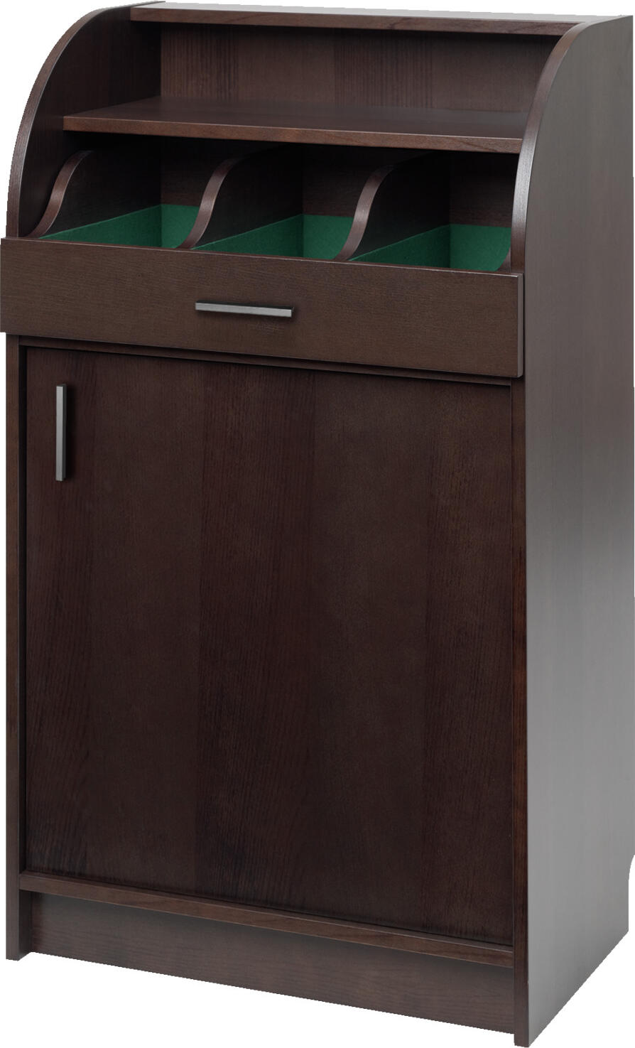 VEGA LUSINI Solutions GmbH Cutlery cabinet Aldeno narrow Besteckschrank Aldeno schmal Cutlery cabinet Aldeno narrow; 62x38x105 cm (WxDxH); brown Besteckschrank Aldeno schmal; 62x38x105 cm (BxTxH); braun Classic cutlery cabinet made of wood-based panels with melamine coating. Top shelf. One large drawer with three felt-lined compartments. One lower compartment with door and height-adjustable shelf. Can be positioned anywhere and used as a room divider. Suitable for indoor use only. Supplied assembled. Klassischer Besteckschrank aus Holzwerkstoffplatten mit Melaminbeschichtung. Ablagefläche oben. Eine große Schublade mit drei Fächern, die mit Filz ausgelegt sind. Ein unteres Fach mit Tür und höhenverstellbarem Regalboden. Frei aufstellbar und als Raumteiler verwendbar. Nur für den Innenbereich geeignet. Lieferung erfolgt montiert.