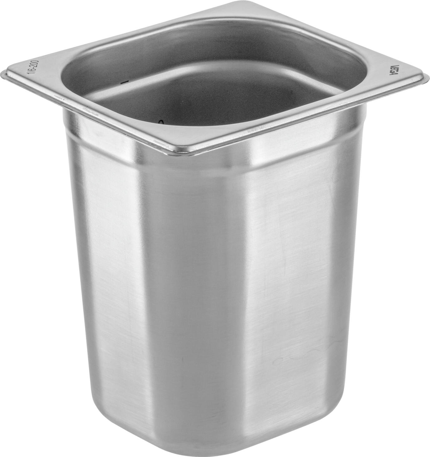 VEGA LUSINI Solutions GmbH GN container 1/6 Premium GN-Behälter 1/6 Premium GN container 1/6 Premium; GN 1/6, 2.5 l, 17.6x16.2x20 cm (LxWxD); silver GN-Behälter 1/6 Premium; GN 1/6, 2.5 l, 17.6x16.2x20 cm (LxBxT); silber GN container 1/6 made of chrome-nickel stainless steel 18/10, without drop handles. Material thickness: 0.8 mm. With stacking cams: easy disassembly of stacked GN containers. Reinforced corners and edges. Robust and easy to clean. Dishwasher safe. Stackable. Available in different sizes. From time to time it is recommended to clean with vinegar or lemon cleaner to keep the shine of the containers. GN-Behälter 1/6 aus Chrom-Nickel-Edelstahl 18/10, rostfrei, ohne Fallgriff. Materialstärke: 0,8 mm. Mit Stapelnocken: einfaches Auseinandernehmen gestapelter Gastronorm-Behälter. Spülmaschinengeeignet. Von Zeit zu Zeit empfiehlt sich die Reinigung mit Essig- oder Zitronenreiniger um den Glanz der Behälter zu erhalten.