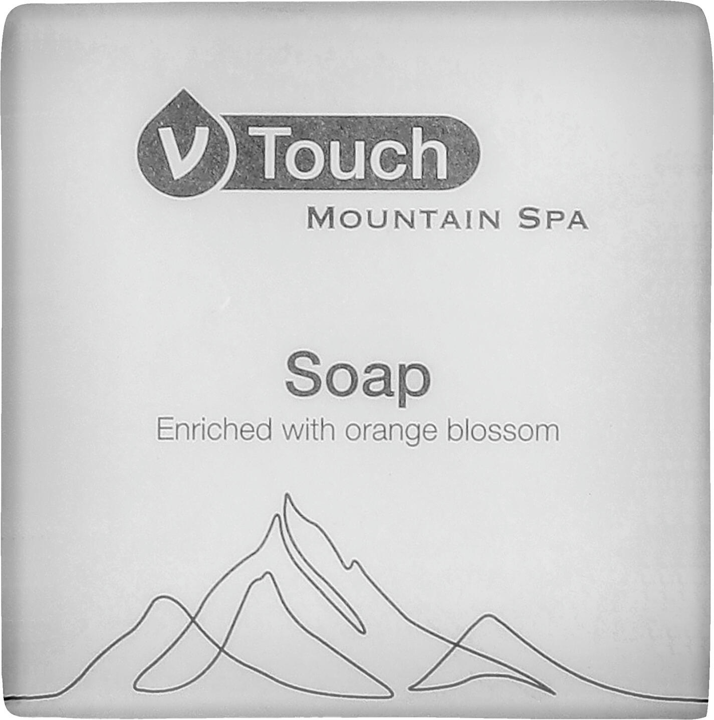 Sapun hotelier V-Touch Mountain Spa, 15g, Set de 500 piese, Vegan, Prietenos cu Pielea, cu Extracte de Flori de Portocal, Ambalate Individual in Papel