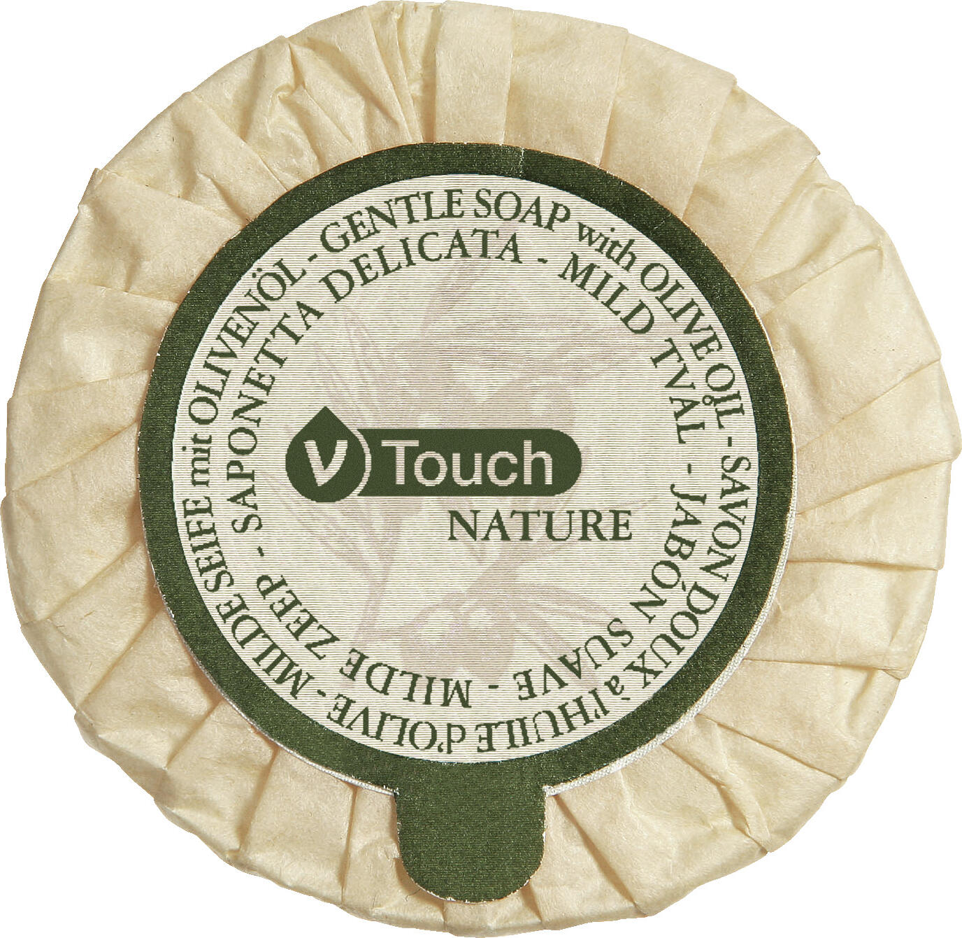 V-Touch LUSINI Solutions GmbH Hotel soap Nature (with olive oil, in pleats) Hotelseife Nature mit Olivenöl, in Plissee Hotel soap Nature (with olive oil, in pleats); brown/green; 400 piece / pack Hotelseife Nature mit Olivenöl, in Plissee; braun/grün; 400 Stück / Pack Fragrant, mild V-Touch Nature soap with a vegetable soap base, a caring all-rounder for your guest bathroom. The gently foaming, round hand soap cleans hands and face mildly and reliably and leaves a long-lasting fragrance. The mild soap with high-quality olive oil nourishes the skin and exudes a heavenly, revitalizing scent of lemon, rose and pine. Dermatologically tested. Soap is biodegradable. The 16 g hand soap is individually wrapped in paper. Printed with a natural look. Wohlduftende milde Seife V-Touch Nature die auf pflanzlicher Seifenbasis hergestellt ist, ein pflegender Allrounder für Ihre Gästebadzimmer. Die sanft schäumende, runde Handseife reinigt mild und zuverlässig Hände und Gesicht und hinterlässt einen langanhaltenden Duft. Die milde Seife mit hochwertigem Olivenöl pflegt die Haut und verströmt dabei einen himmlischen, vitalisierenden Duft von Zitrone, Rose, und Kiefer. Dermatologisch getestet. Seife ist biologisch abbaubar. Die 16 g Handseife ist in Papier einzeln eingewickelt. Aufdruck im Natur-Look.