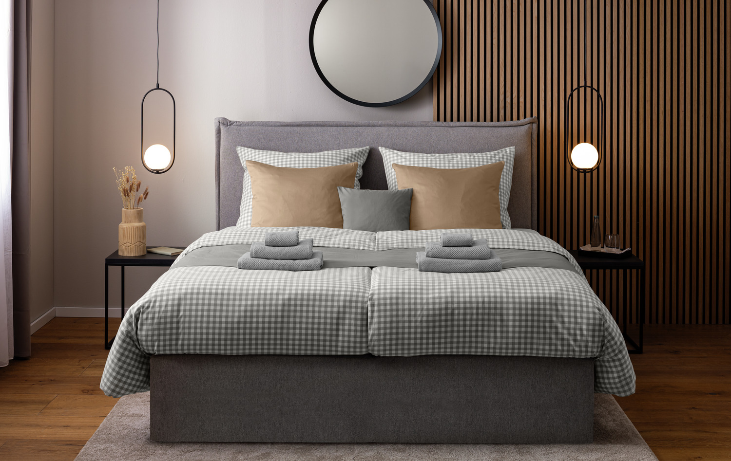 LUSINI Solutions GmbH Tux Pillow Cover, 80x80 cm, 100% Mercerized Cotton Renforce, Grey Plaid Pattern, Hotel Closure, OEKO-TEX Standard 100