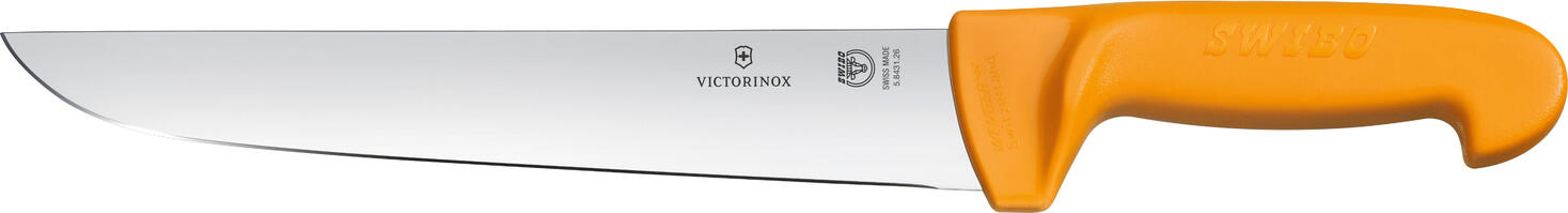 Cutit de Macel Straight Victorinox Swibo, Lama 21 cm, Lungime Totala 33.1 cm, Lama din Otel Temperat Lustruit, Maner din Poliamida Portocalie Antiderapant, Rezistent la Coroziune, Elvetian