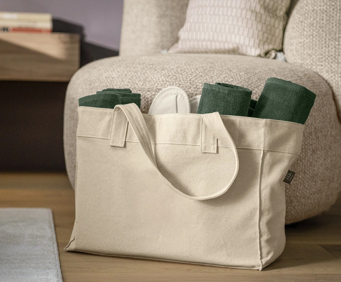 Geanta de Wellness si Plaja LUSINI Pula, Bumbac 100% Canvas 450 g/m², 50x35x20 cm, Bej, cu Buzunar Interior cu Fermoar si Curele de Umar