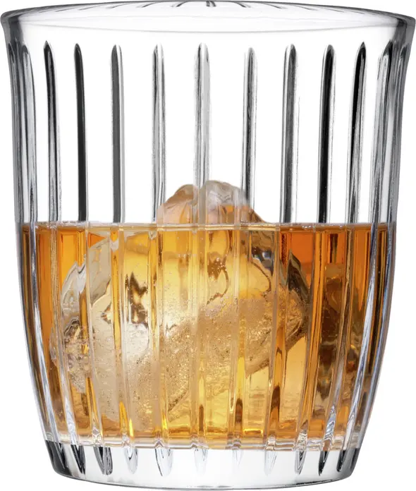 Set de 4 pahare pentru whisky Pasabahce Joy, 280 ml, sticla transparenta cu structura canelata antiderapanta, rezistente la spalat in masina
