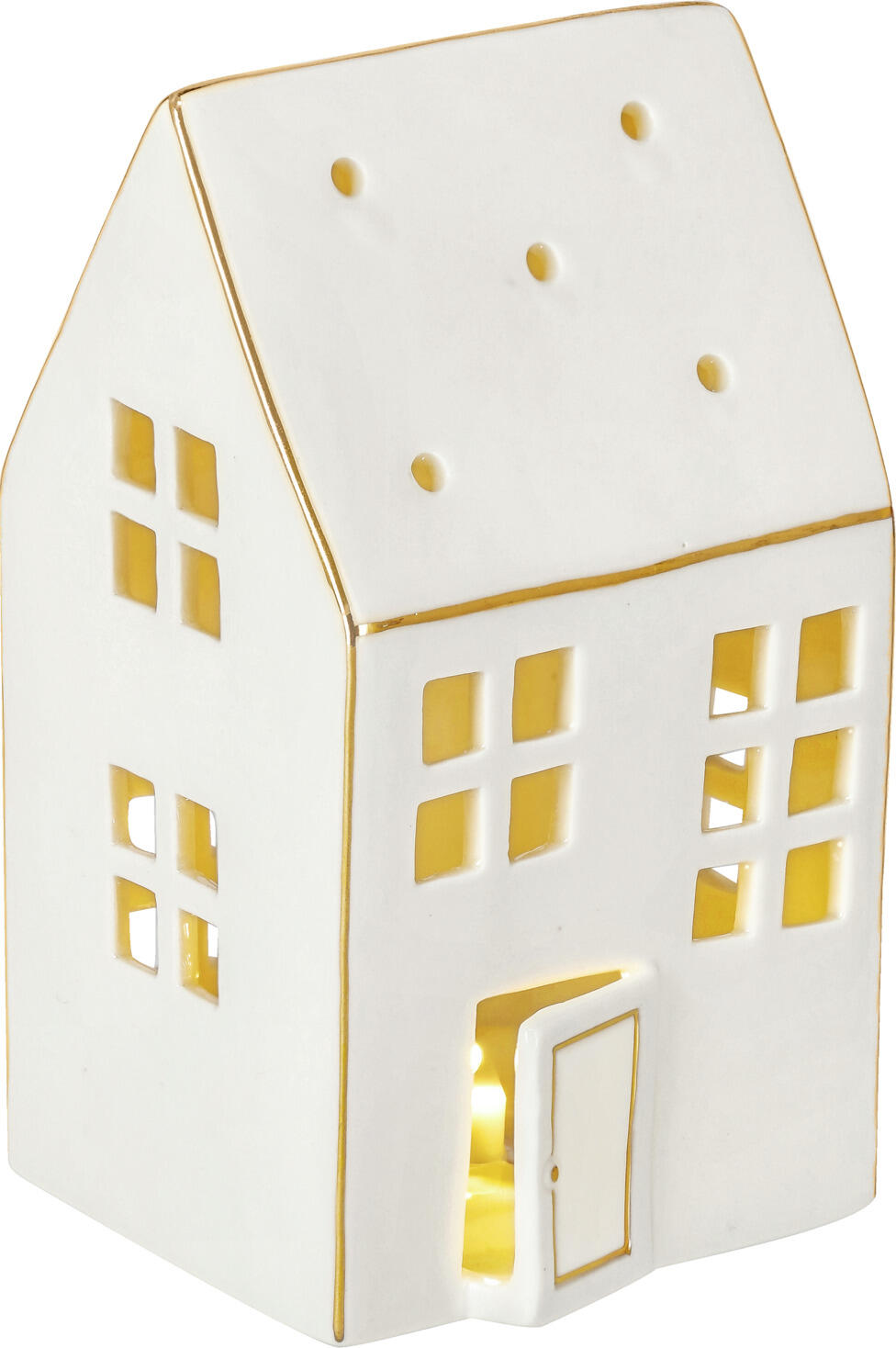 Vega Alnesa LED Light House Christmas Decoration, White Porcelain with Golden Trim, 7.8x7.8x13.8 cm, Battery Operated