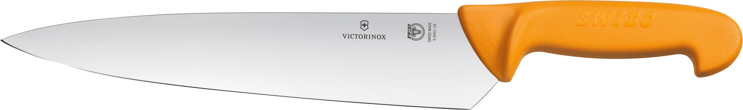 Cutit de Bucatar Victorinox Swibo 5.8451.26, Lama Otel Inoxidabil 26 cm, Maner Poliamida Portocaliu, Cutit Profesional Sterilizabil