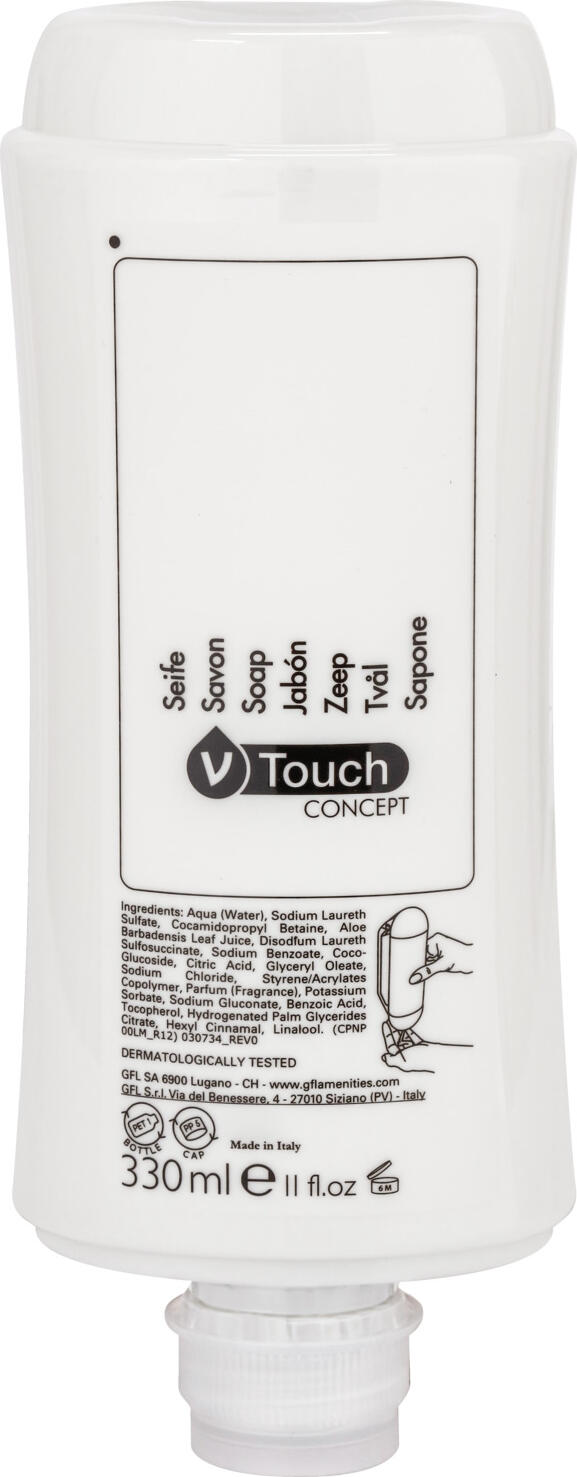 V-Touch LUSINI Solutions GmbH Hotel liquid soap Concept in a dispenser system Hotel Flüssigseife  Concept im Spendersystem Hotel liquid soap Concept in a dispenser system; 330 ml; white; 24 piece / pack Hotel Flüssigseife  Concept im Spendersystem; 330 ml; weiß; 24 Stück / Pack Fruity-scented V-Touch Concept liquid soap from the dispenser system for gentle and caring cleansing for hands, body and face. It exudes a stimulating scent of orange and bergamot, which provides an invigorating yet relaxing washing experience. Enriched with plant extracts of aloe vera. Excellent cleansing properties leave the skin feeling fresh and clean. Dermatologically tested. The dispenser bottle is made from 100% recycled material and is simply hung in the dispenser. It is removed by pressing lightly on the bottle. The dispenser bottle is also environmentally friendly and can be recycled after use. Dispenser bottle capacity: 330 ml. Order matching holder separately. Fruchtig duftende Flüssigseife V-Touch Concept aus dem Spendersystem für eine sanfte und pflegende Reinigung für Hände, Körper und Gesicht. Sie verströmt einen stimulierenden Duft von Orange und Bergamotte, der für ein belebendes und zugleich entspannendes Wascherlebnis sorgt. Mit pflanzlichen Extrakten der Aloe Vera angereichert. Beste Reinigungseigenschaften hinterlassen ein frisches, sauberes Gefühl auf der Haut. Dermatologisch getestet. Die Spenderflasche ist aus 100 % recyceltem Material und wird in den Spender einfach eingehängt. Die Entnahme erfolgt durch leichten Druck auf die Flasche. Dazu ist die Spenderflasche umweltschonend und kann nach Gebrauch recycelt werden. Spenderflasche Inhalt: 330 ml. Passende Halterung separat dazu bestellen.