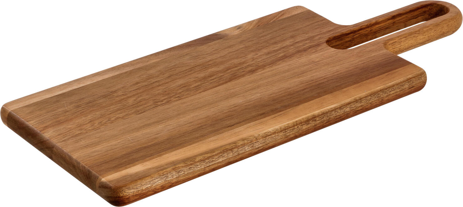 VEGA LUSINI Solutions GmbH Serving board Zamiro rectangular, with a handle Servierbrett Zamiro rechteckig, mit Griff Serving board Zamiro rectangular, with a handle; 43x18x2 cm (LxWxH); brown; rectangular Servierbrett Zamiro rechteckig, mit Griff; 43x18x2 cm (LxBxH); braun; rechteckig Trendy food board made of oiled acacia wood with carrying handle and an extra wide hanging hole. Not suitable for dishwasher. Food-safe. Trendiges Speisenbrett aus geöltem Akazienholz mit Tragegriff und einem extra breiten Aufhängeloch. Nicht spülmaschinengeeignet. Lebensmittelecht.