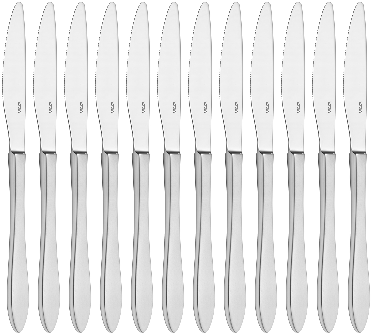 Set de 12 cutite de masa VEGA Salerno matt, otel inoxidabil crom 13/0, rezistente la rugina, argintii, 22.5 cm, sigure la masina de spalat vase