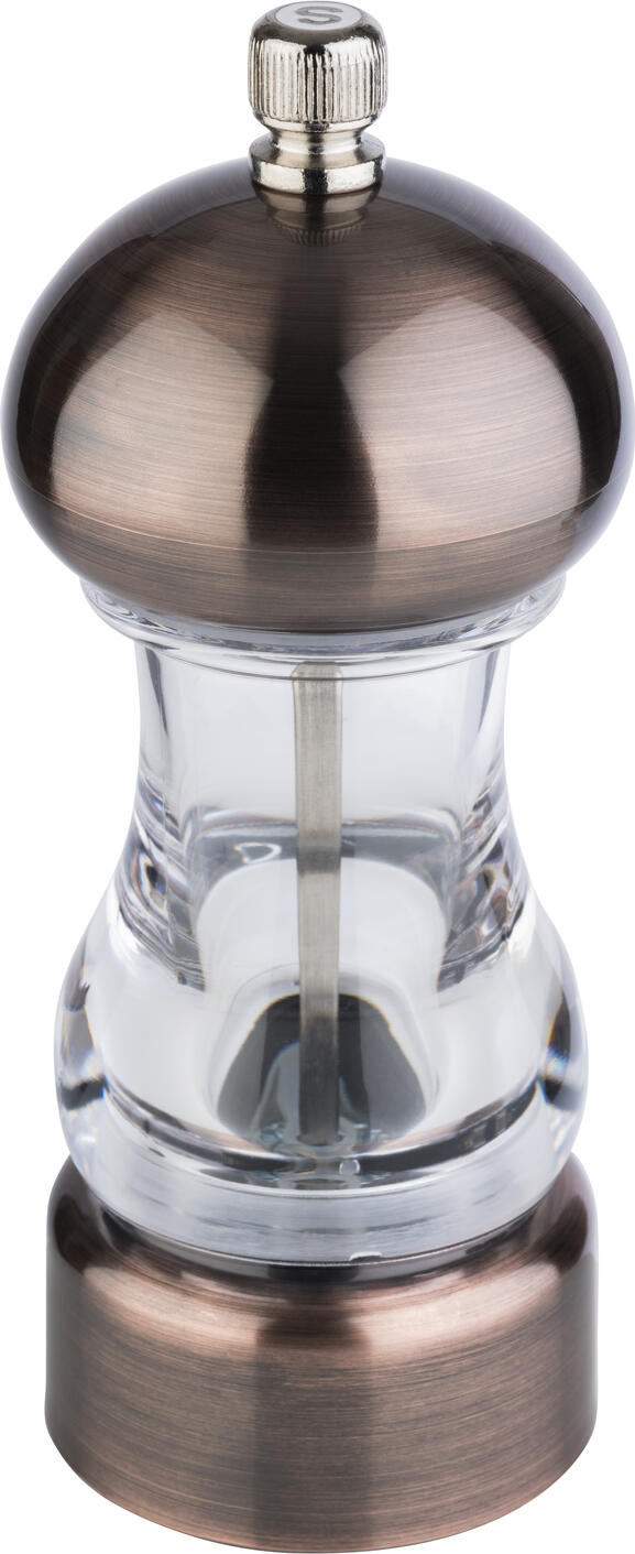 Râșniță de sare APS COPPER, înălțime 15cm, corp din acril transparent cu detalii metalice copper, mecanism din oțel inoxidabil, reglare infinită