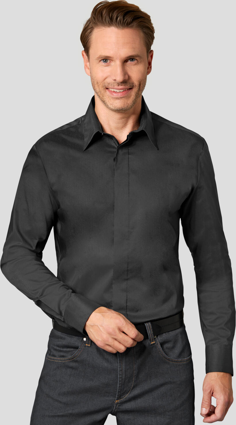 Jobeline Noah Men's Long Sleeve Work Shirt, Regular Fit, Easy-Care Cotton-Polyester Blend, Kent Collar, Concealed Placket, Black