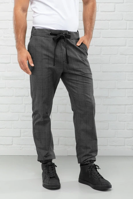 Jobeline Sweatpant Karo Men's Chef Trousers, Slim Fit Plaid Design, 65% Polyester 35% Cotton, Stretch Waistband with Drawstring, Size 54