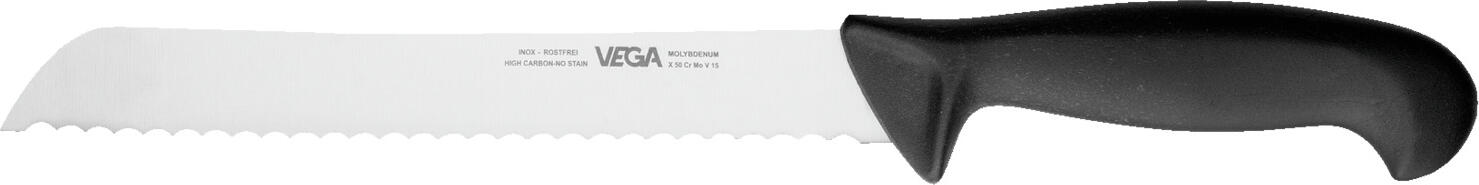 VEGA LUSINI Solutions GmbH Bread knife Messina Brotmesser Messina Bread knife Messina; Blade length 20 cm, 33.5 cm (L); black/silver Brotmesser Messina; Klingenlänge 20 cm, 33.5 cm (L); schwarz/silber Bread knife made of chrome molybdenum vanadium steel, extremely resistant to corrosion. Stamped blade with long-lasting sharpness. Ergonomically shaped handle made of non-slip plastic allows comfortable cutting. Absolutely hygienic and easy to clean. Brotmesser aus Chrom-Molybdän-Vanadium-Stahl, extrem korrosionsbeständig. Gestanzte Klinge mit lang anhaltender Schärfe. Ergonomisch geformter Griff aus rutschhemmendem Kunststoff ermöglicht ein angenehmes Schneiden. Absolut hygienisch und einfach zu reinigen.