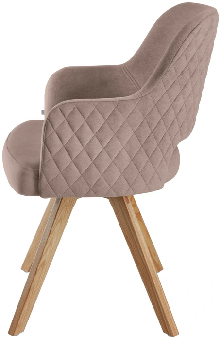 Scaun pivotant VEGA Twist din catifea, cadru din lemn de stejar, quilting cu model diamant, 46x47x85 cm, sarcina max 160 kg, certificat FSC, Taupe