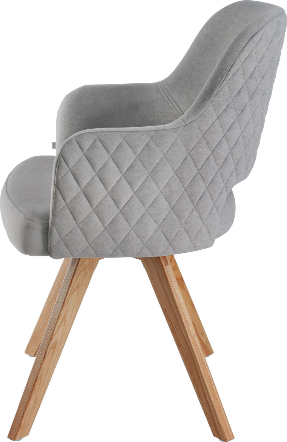 VEGA Twist Velvet Swivel Chair, Grey Polyester Upholstery, Oak Wood Base, Diamond-Patterned Quilting, Flame-Retardant, 46x47x85 cm, Max Load 160 kg