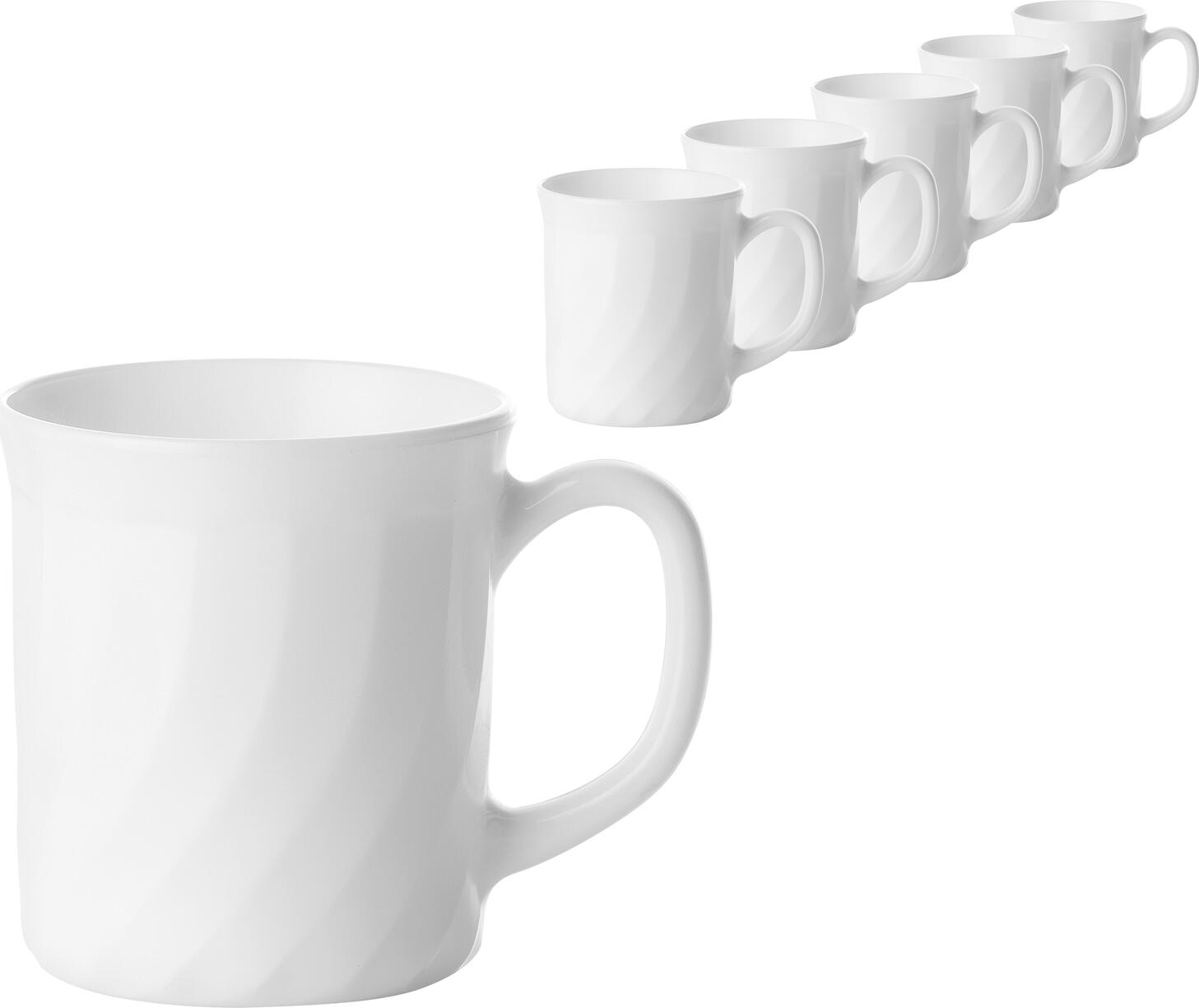 Arcoroc Trianon Coffee Mug Set of 6, 290ml White Tempered Opal Glass, Shock and Scratch Resistant, Stackable, Dishwasher and Microwave Safe