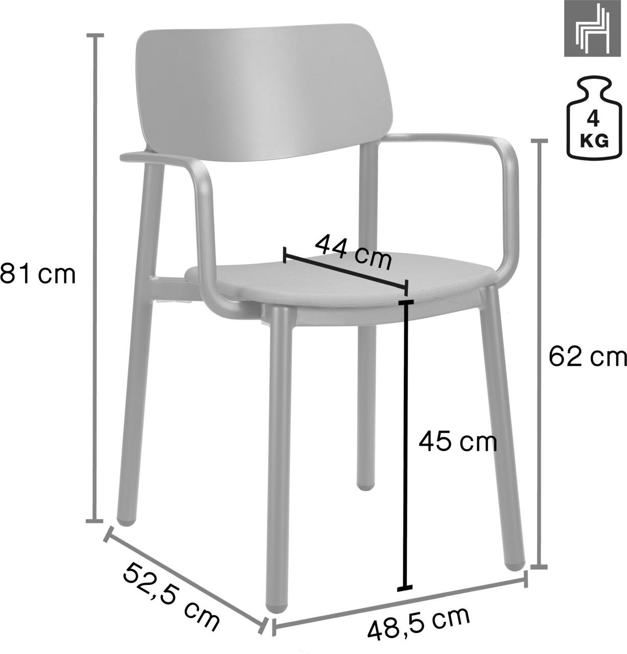 VEGA LUSINI Solutions GmbH Patio chair Punta with armrests Terrassenstuhl Punta mit Armlehne Patio chair Punta with armrests; 56x52.5x81 cm (WxDxH); seat taupe, base dark-red; 4 piece / pack Terrassenstuhl Punta mit Armlehne; 56x52.5x81 cm (BxTxH); Sitz taupe, Gestell dunkelrot; 4 Stück / Pack High-quality outdoor chair with armrests. Powder-coated aluminium frame and soft seat with textile upholstery. Ergonomically shaped backrest. Weatherproof, UV-resistant and stackable. Suitable for outdoor use. Plastic glides included. Supplied assembled. Order matching chair without armrests at the same time. Hochwertiger Outdoorstuhl mit Armlehne. Gestell aus pulverbeschichtetem Aluminium und weicher Sitzfläche mit Textilienbespannung. Ergonomisch geformte Rückenlehne. Wetterfest, UV-beständig und stapelbar. Für den Außenbereich geeignet. Inklusive Kunststoffgleiter. Lieferung erfolgt montiert. Passenden Stuhl ohne Armlehne gleich dazu bestellen.