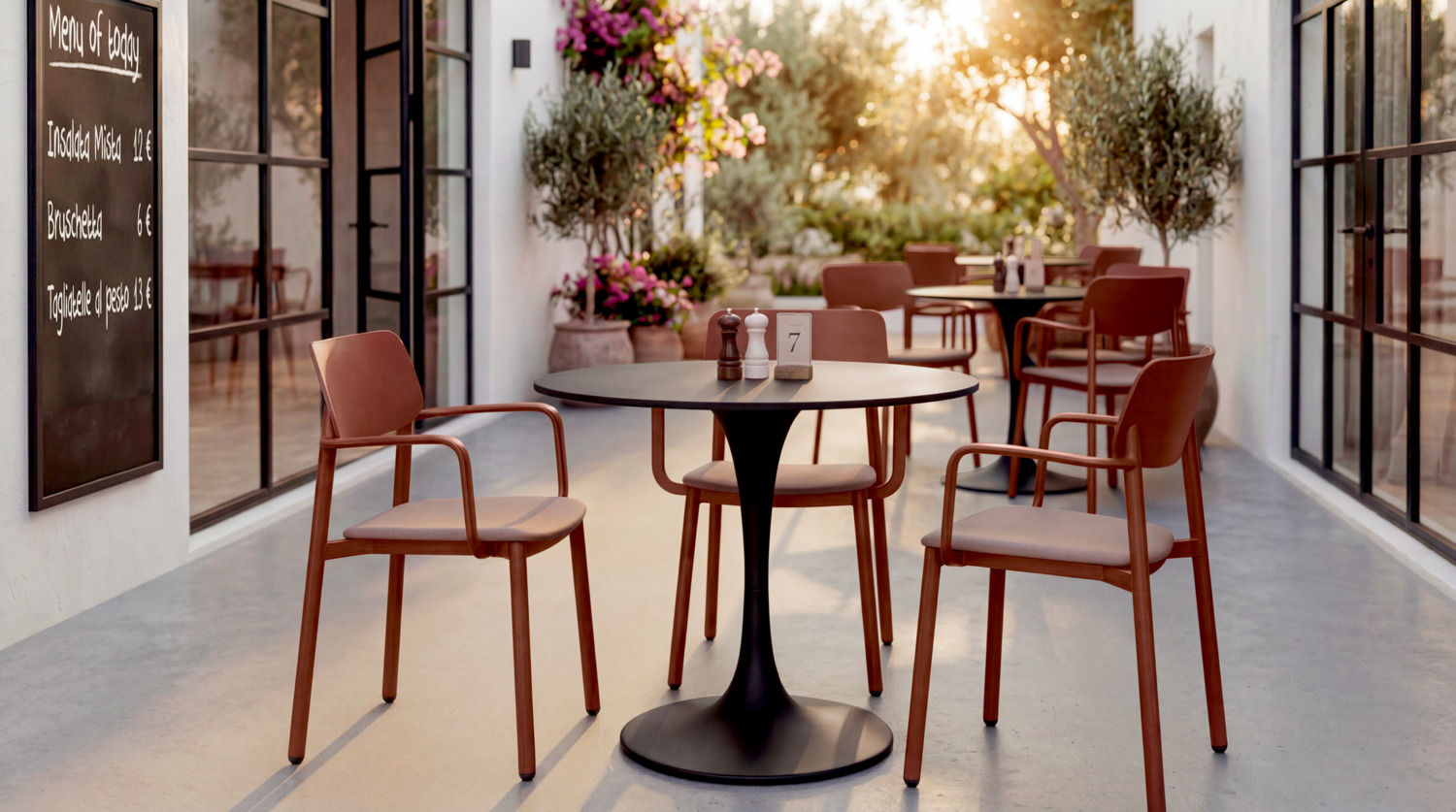 VEGA LUSINI Solutions GmbH Patio chair Punta with armrests Terrassenstuhl Punta mit Armlehne Patio chair Punta with armrests; 56x52.5x81 cm (WxDxH); seat taupe, base dark-red; 4 piece / pack Terrassenstuhl Punta mit Armlehne; 56x52.5x81 cm (BxTxH); Sitz taupe, Gestell dunkelrot; 4 Stück / Pack High-quality outdoor chair with armrests. Powder-coated aluminium frame and soft seat with textile upholstery. Ergonomically shaped backrest. Weatherproof, UV-resistant and stackable. Suitable for outdoor use. Plastic glides included. Supplied assembled. Order matching chair without armrests at the same time. Hochwertiger Outdoorstuhl mit Armlehne. Gestell aus pulverbeschichtetem Aluminium und weicher Sitzfläche mit Textilienbespannung. Ergonomisch geformte Rückenlehne. Wetterfest, UV-beständig und stapelbar. Für den Außenbereich geeignet. Inklusive Kunststoffgleiter. Lieferung erfolgt montiert. Passenden Stuhl ohne Armlehne gleich dazu bestellen.