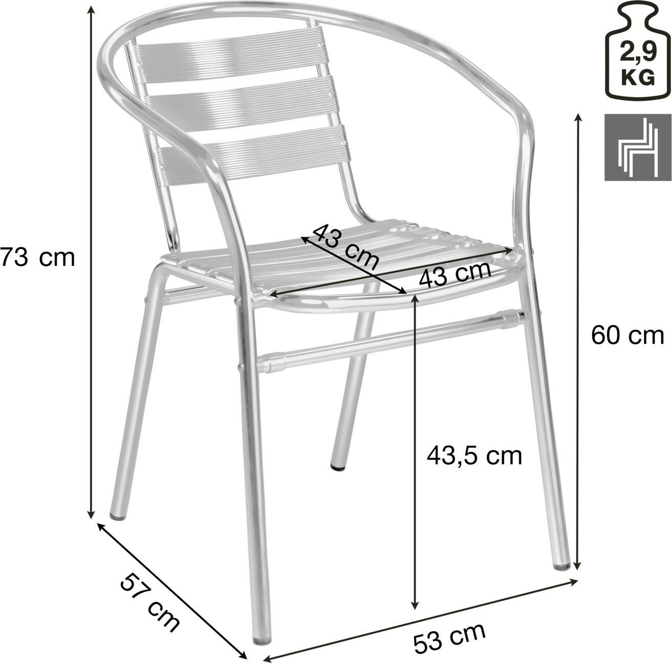 PULSIVA LUSINI Limona Outdoor Bistro Chair Set of 4 with Armrests, Polished Aluminium, 53 x 57 x 73 cm, Stackable, Weatherproof, UV-resistant, Silver