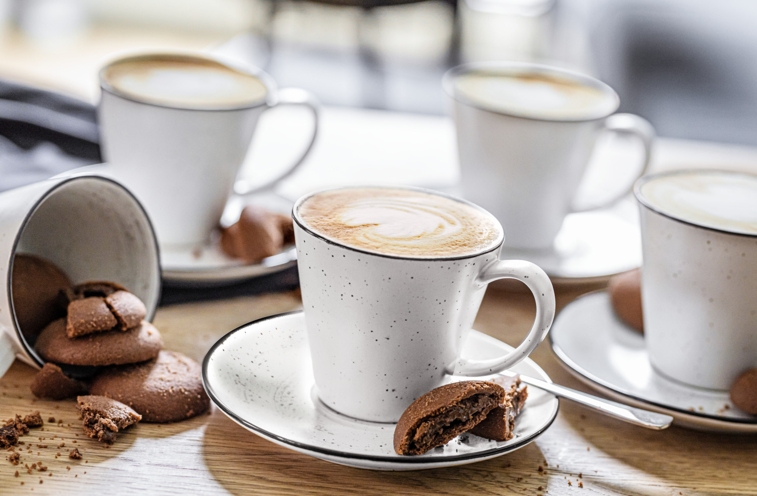 Vega Fungio Porcelain Coffee Cup Set of 6, 200 ml, White with Black Rim, Vintage Hand-Painted Design, Dishwasher and Microwave Safe