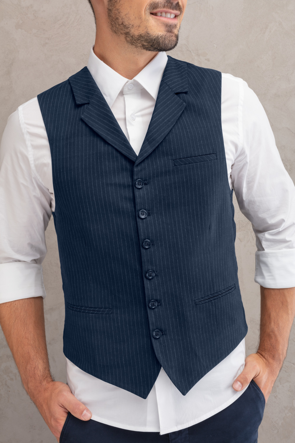 Jobeline Men's Pinstripe Vest, Slim Fit Professional Hotel Service Waistcoat, Dark-Blue Cotton Blend with Lapel Collar and Adjustable Back Strap