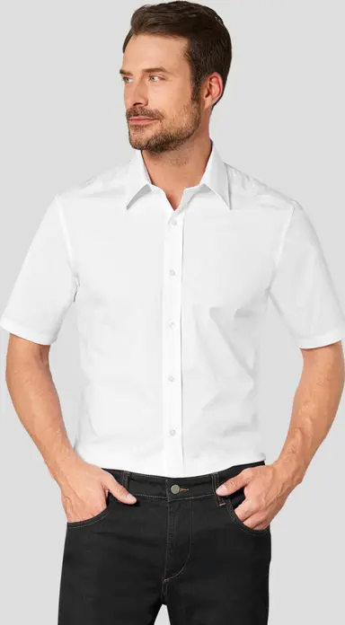 Camasa barbati Jobeline Bruce cu maneca scurta, croiala Slim Fit, 98% bumbac 2% elastan, cravata Kent, alba, imbracaminte profesionale hotelari