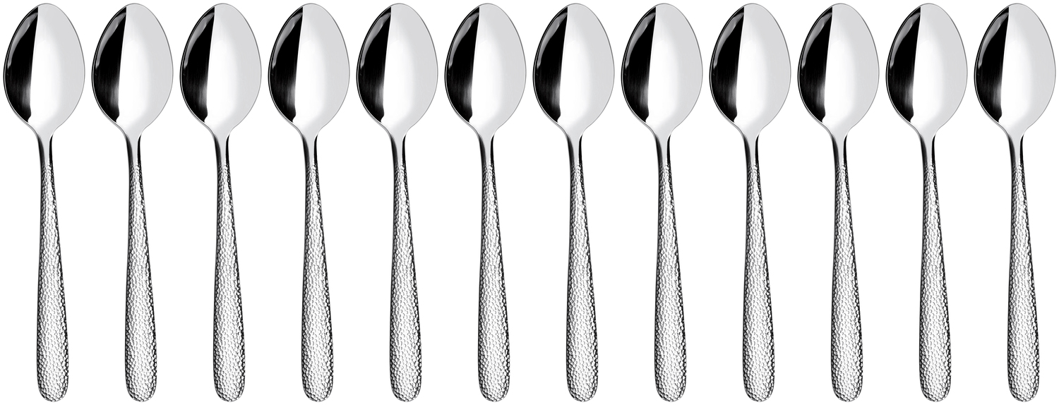 VEGA Martello Dessert Spoon Set of 12, 18/10 Chrome-Nickel Stainless Steel, Mirror Polished, Hammered Relief Handle, 18.1 cm, Silver