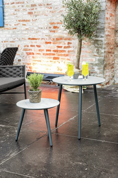 Vega Sando Outdoor Side Table, Round Ceramic Stone Top, Powder-coated Aluminum Legs, 60x60 cm, White and Anthracite, Weather-resistant
