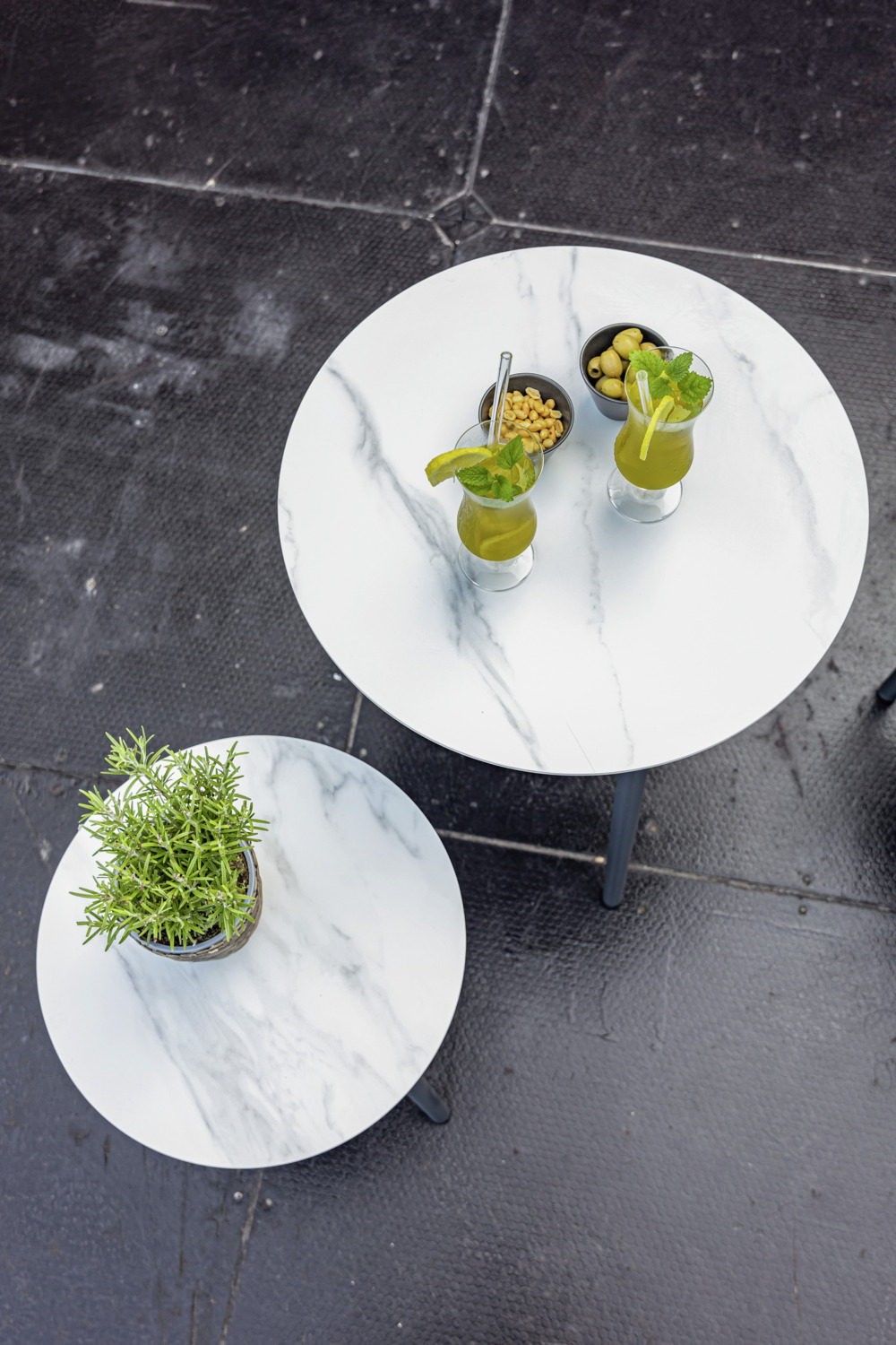 Vega Sando Outdoor Side Table, Round Ceramic Stone Top, Powder-coated Aluminum Legs, 60x60 cm, White and Anthracite, Weather-resistant