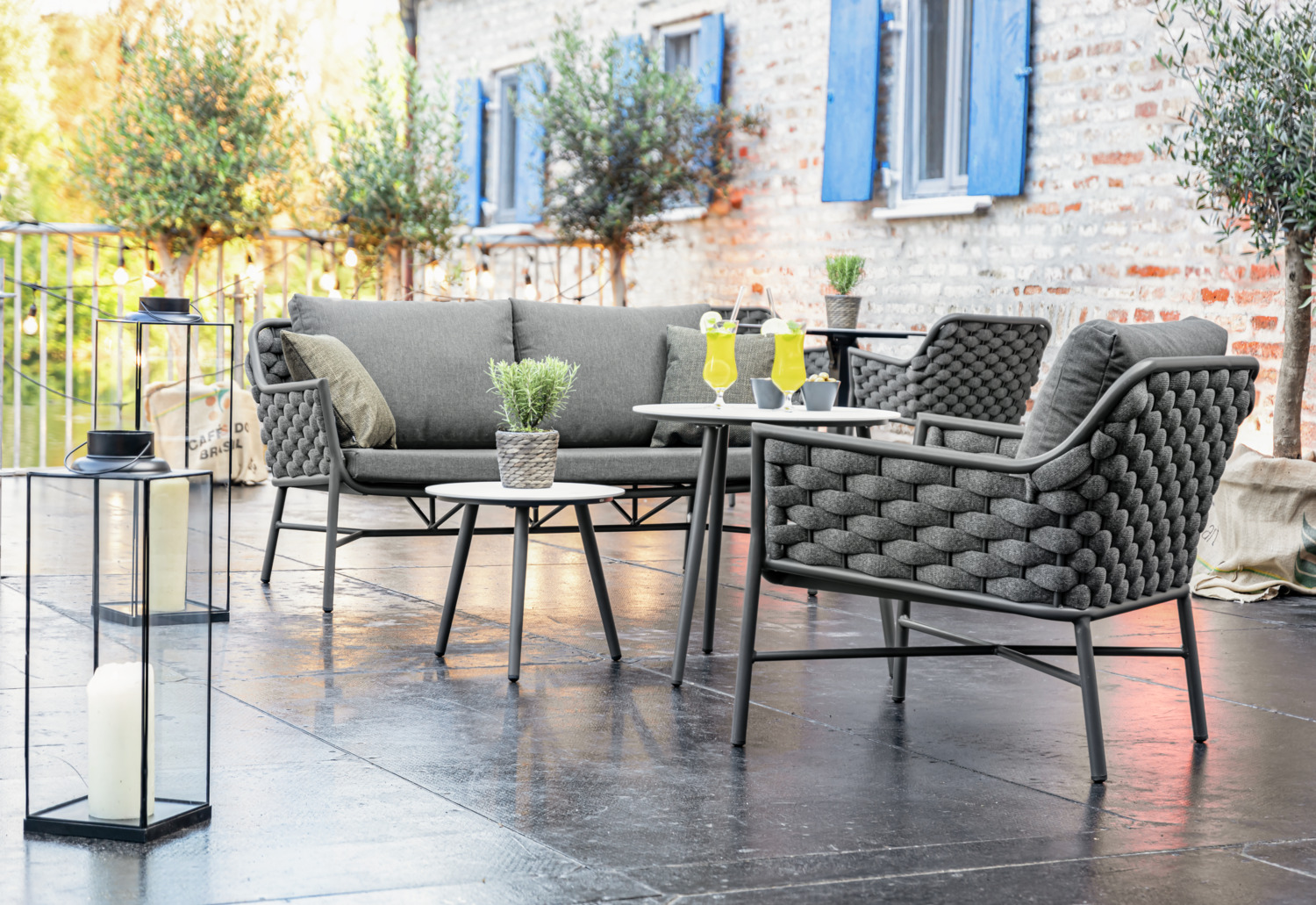 Vega Sando Outdoor Side Table, Round Ceramic Stone Top, Powder-coated Aluminum Legs, 60x60 cm, White and Anthracite, Weather-resistant