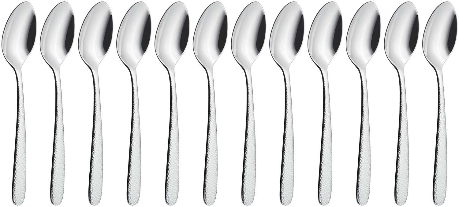 VEGA Martello Table Spoon Set of 12, 18/10 Chrome-Nickel Stainless Steel, Mirror Polished, Hammered Relief Handle, 20.6 cm, Silver